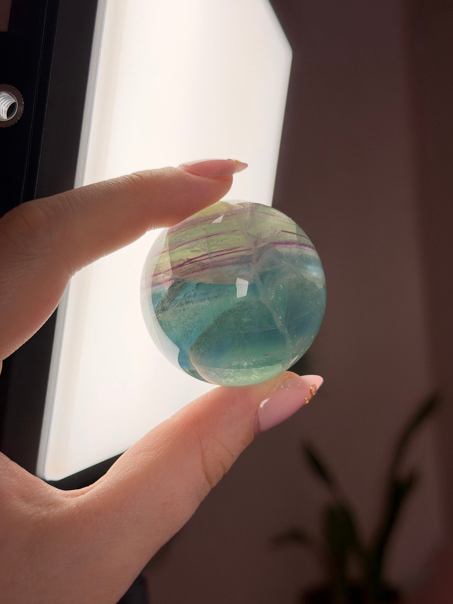 Blue/Green Fluorite Sphere w/ Purple Banding & Big Rainbow