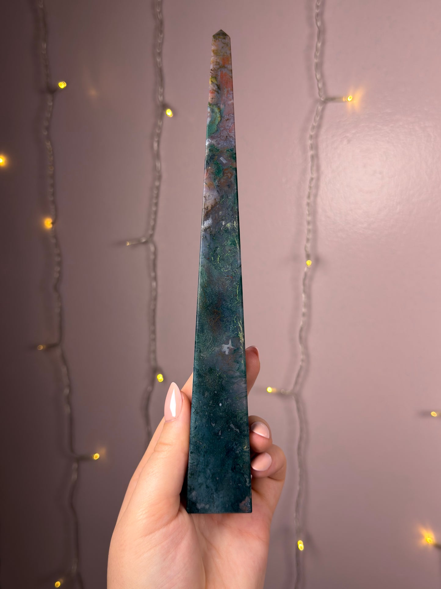 Big Rainbow Moss Agate Obelisk Tower