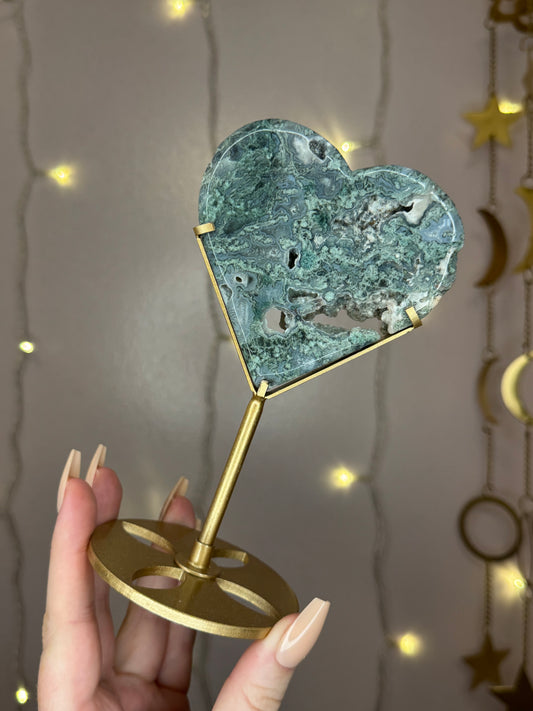 Moss Agate Heart on Gold Stand 39