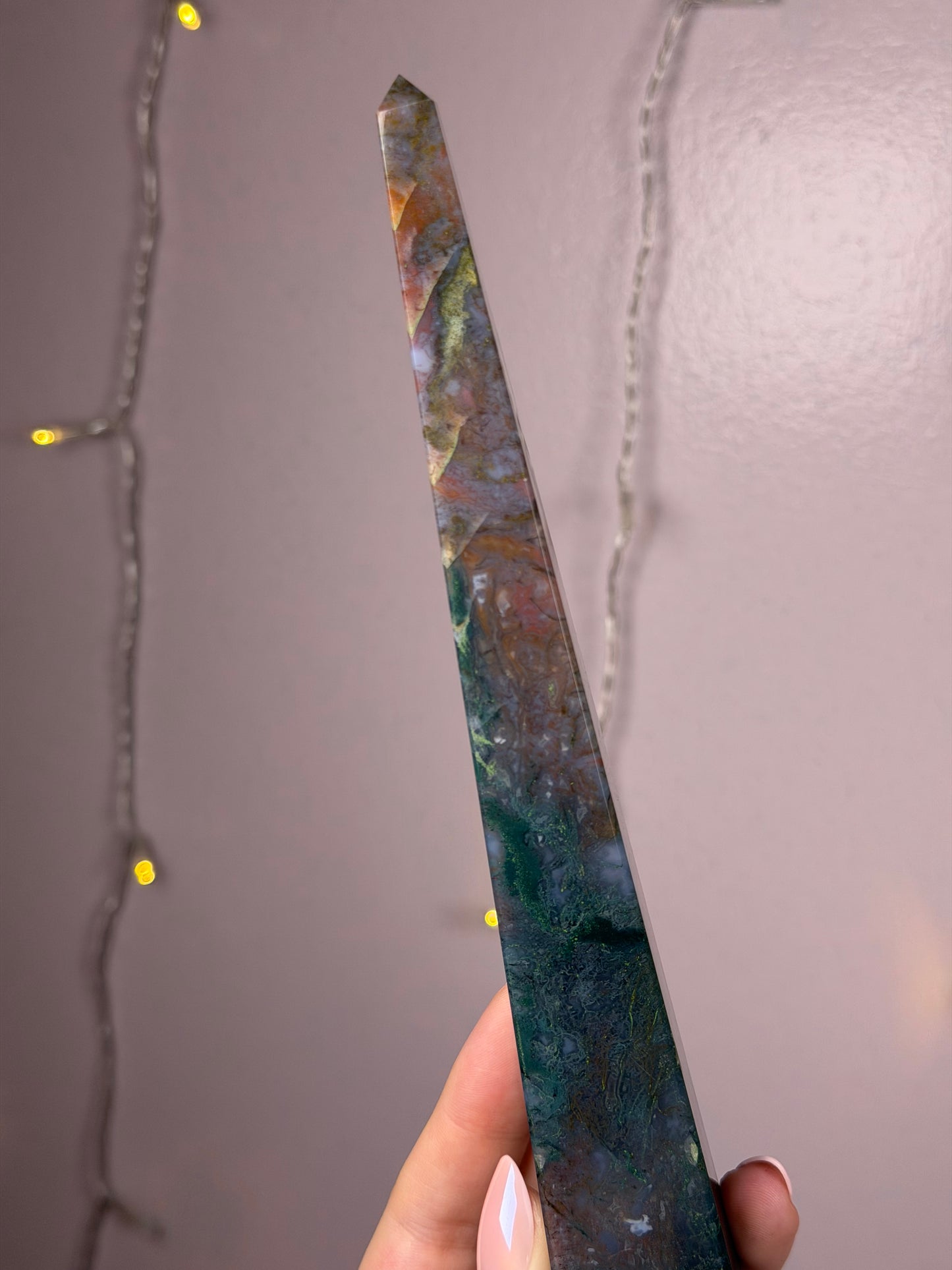 Big Rainbow Moss Agate Obelisk Tower