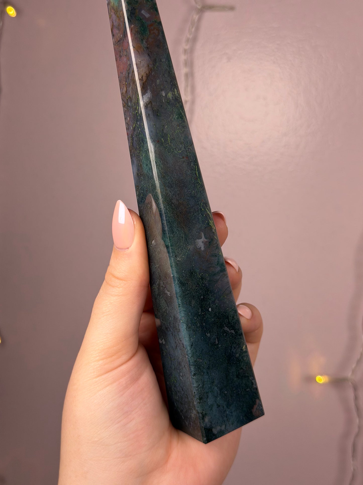 Big Rainbow Moss Agate Obelisk Tower