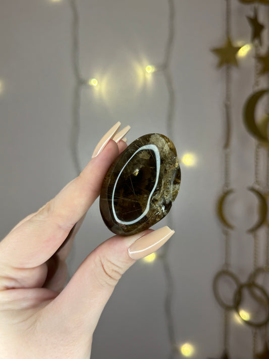 Smoky Brown Garden Quartz Lens w/ Golden Rutile 28