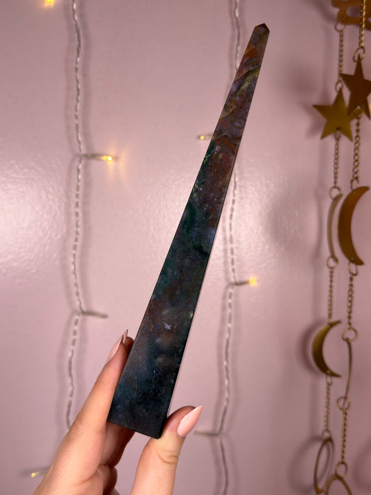 Big Rainbow Moss Agate Obelisk Tower