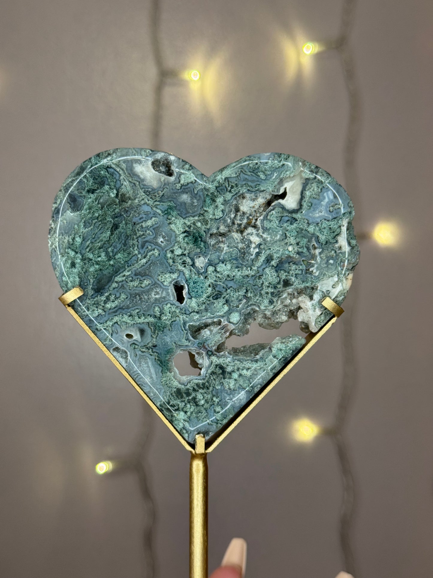 Moss Agate Heart on Gold Stand 39
