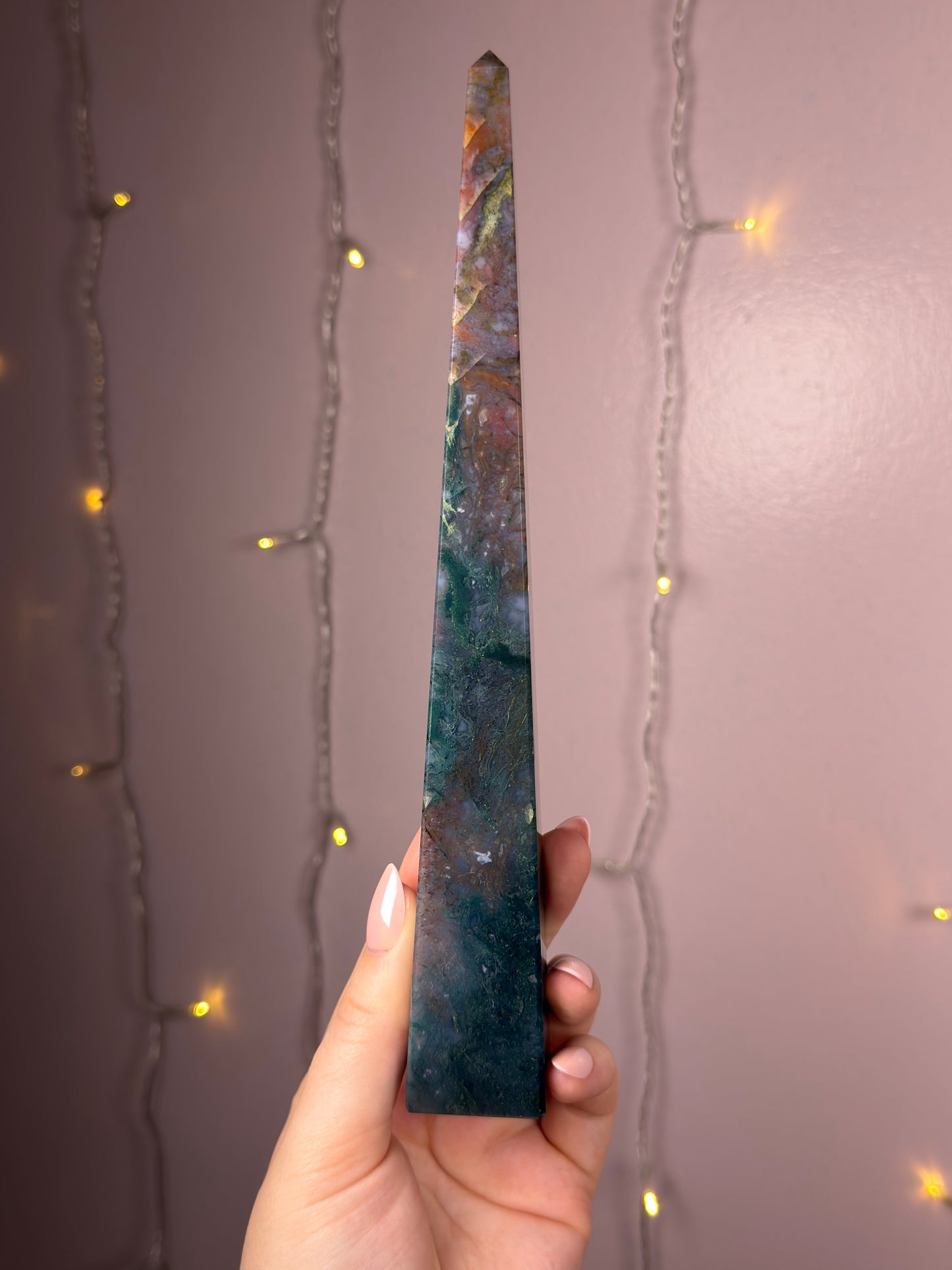 Big Rainbow Moss Agate Obelisk Tower