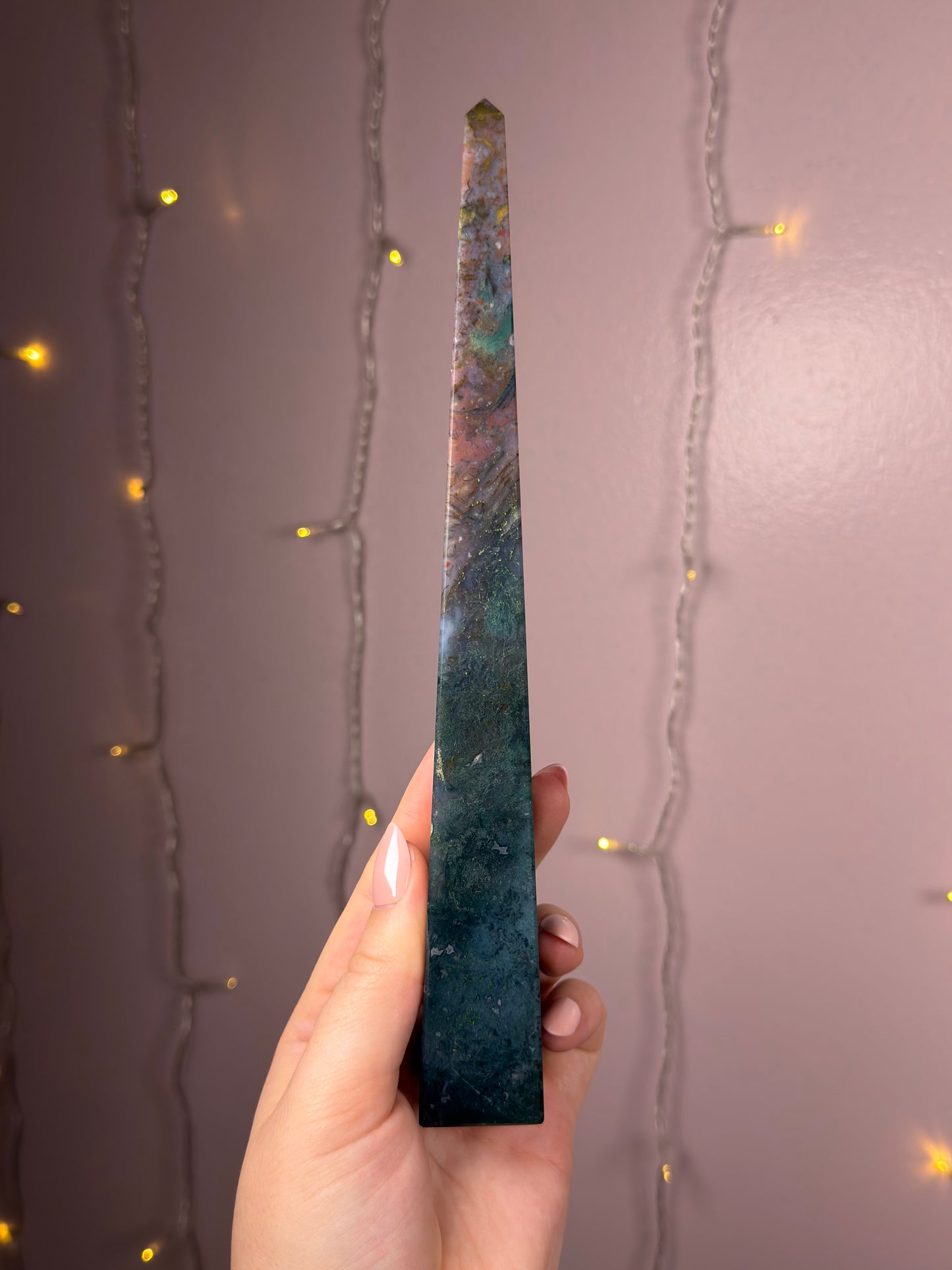 Big Rainbow Moss Agate Obelisk Tower