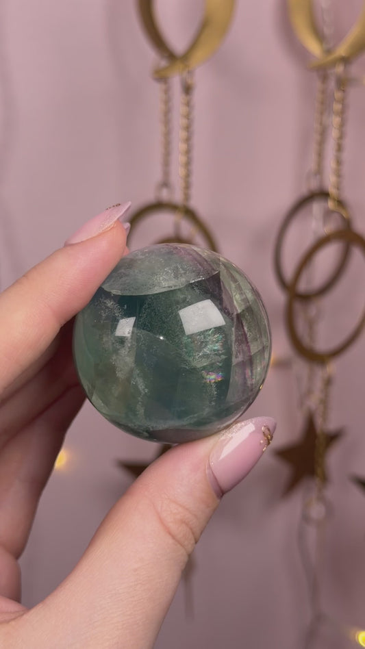 Blue/Green Fluorite Sphere w/ Purple Banding & Big Rainbow