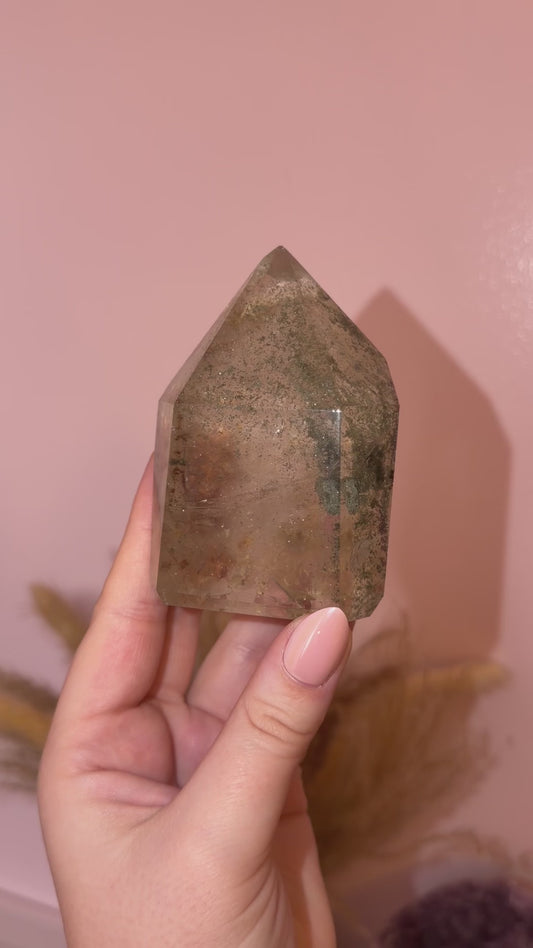 Sparkly Green Chlorite Tower w/ Pink & Brown Garden Quartz
